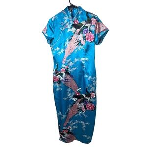Laogudai Blue Peacock Floral Mandarin Collar Chinese Style Cheongsam Dress M‎
